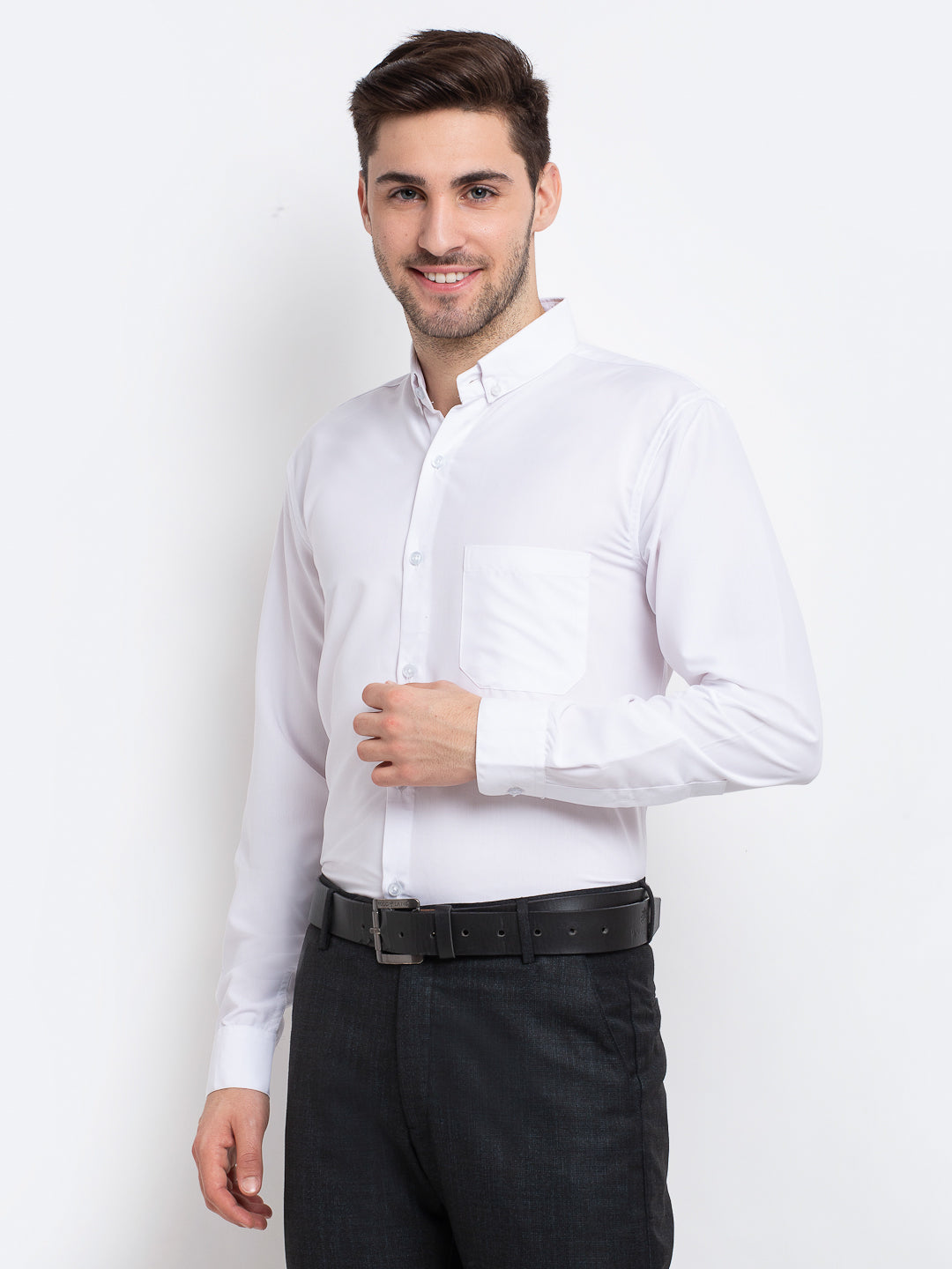 Jainish Men's Button Down Collar Cotton Formal Shirt - White | Grocsy