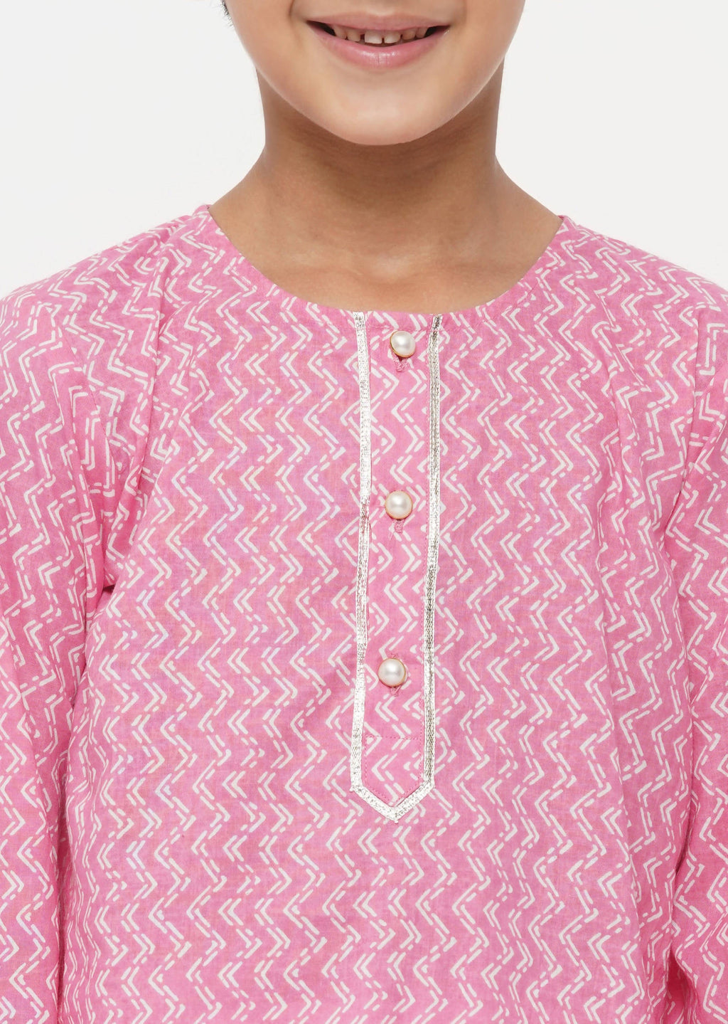 Little Bansi Boys Cotton Jaipuri Kurta with Pearl Buttons & Pyjama -Pink & Cream | Grocsy