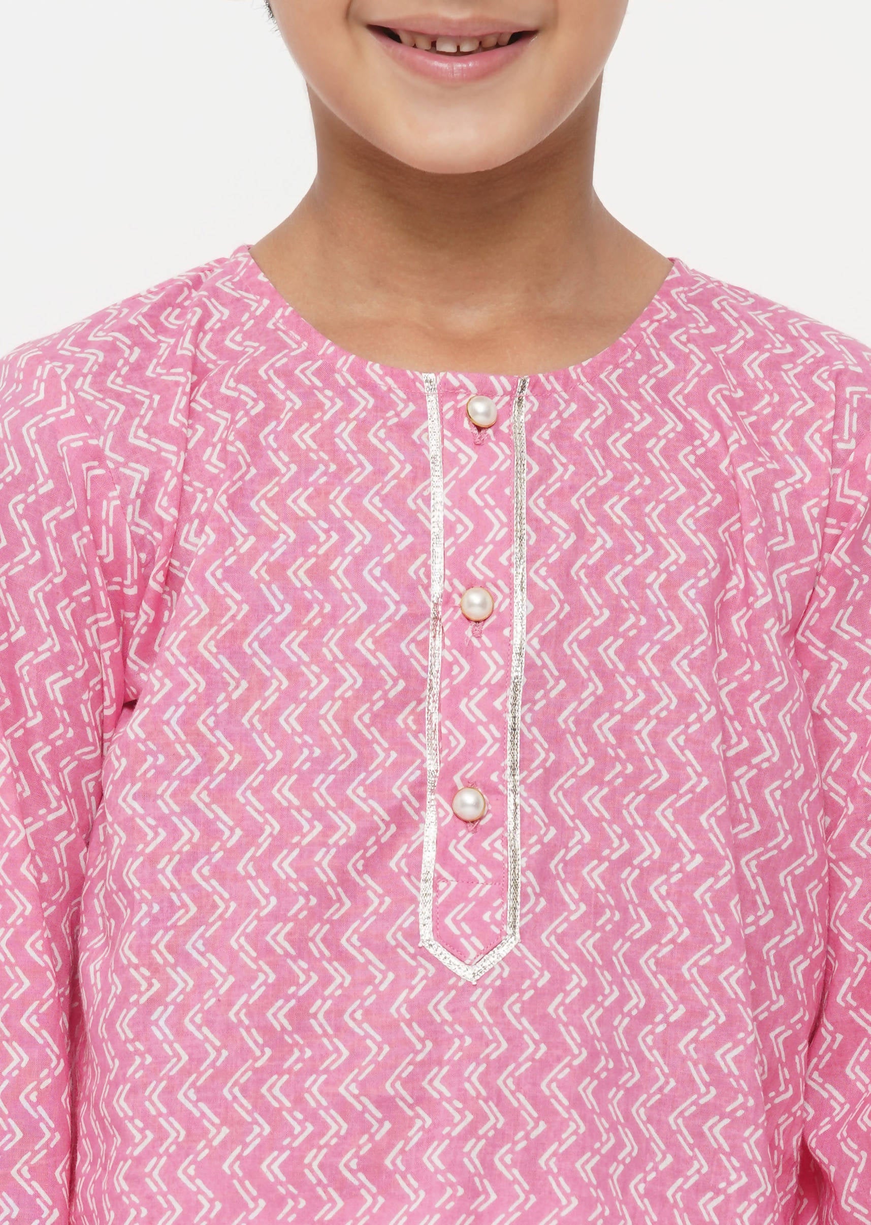 Little Bansi Boys Cotton Jaipuri Kurta with Pearl Buttons & Pyjama -Pink & Cream | Grocsy