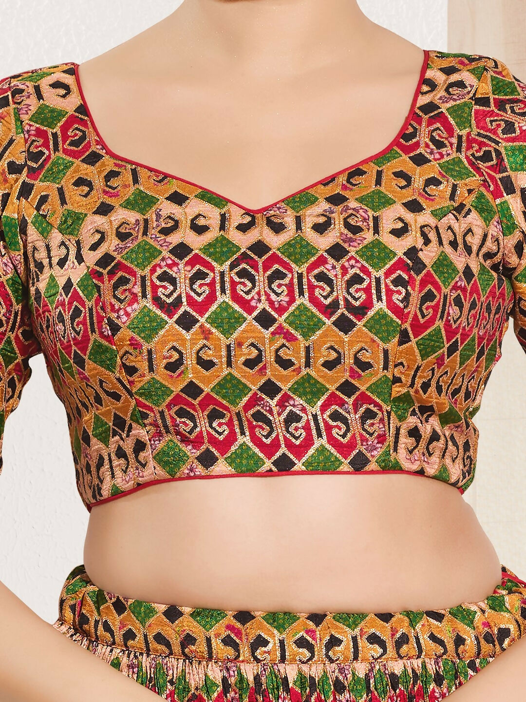 Joban Fashion Red Brocade Padded Blouse With Sweetheart Neck Elbow Sleeves | Grocsy