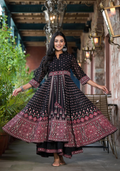 Juniper Women's Black Ethnic Motif Printed Georgette A-line Dress With Mirror Work & Sequins | Grocsy