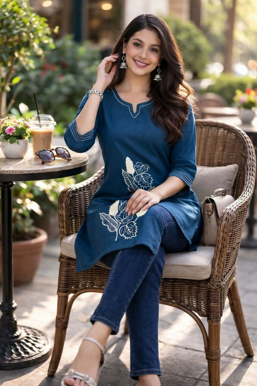 Teeya Creation Womens New Latest Cotton Blue Floral Embroidered Short Kurti | Grocsy