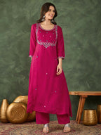The52 Women's Gorgeous Embroidery Work Vichitra SIlk Fabric Flared Kurta Pant and Dupatta Set | Grocsy