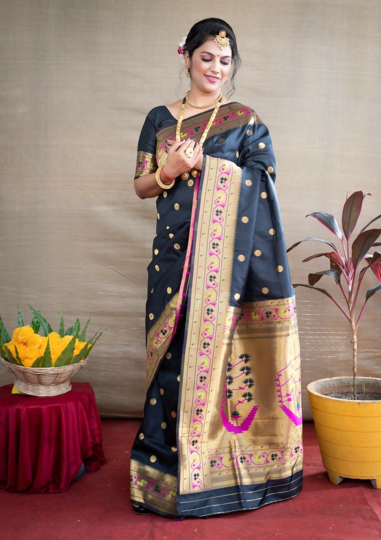 Jyoti Fashion Women's Black Paithani Silk Zari Woven Saree with Blouse | Grocsy