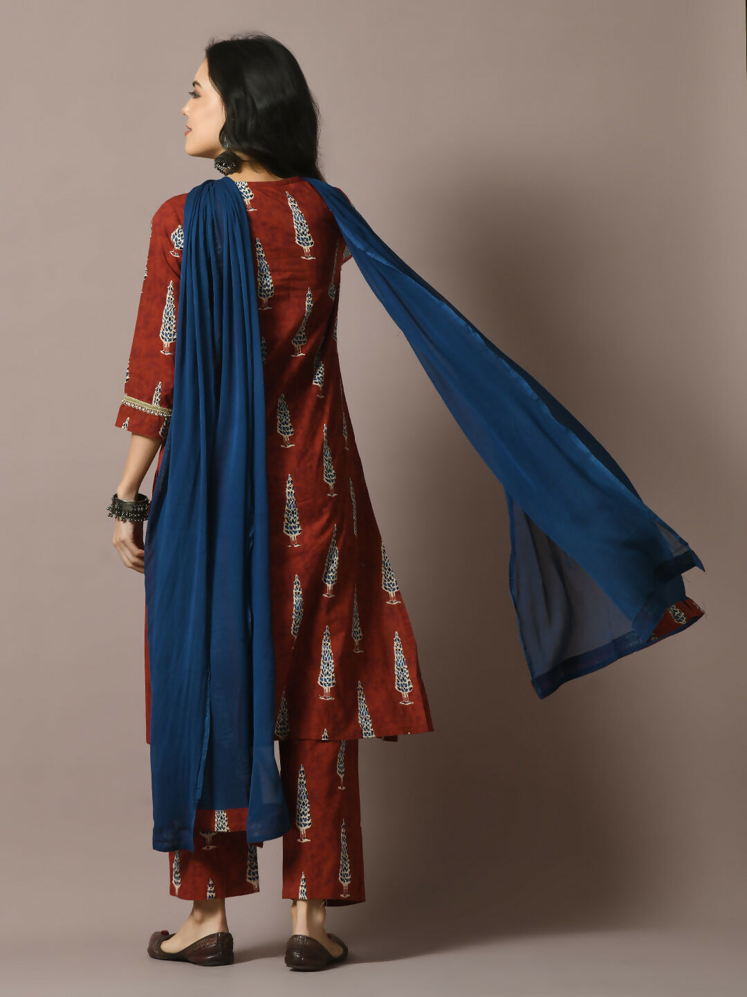 Myshka Women's Rust Printed Cotton Straight Party Kurta Set With Dupatta | Grocsy