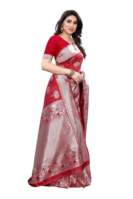 Vamika Banarasi Jacquard Weaving Red Saree (AMEE RED) | Grocsy