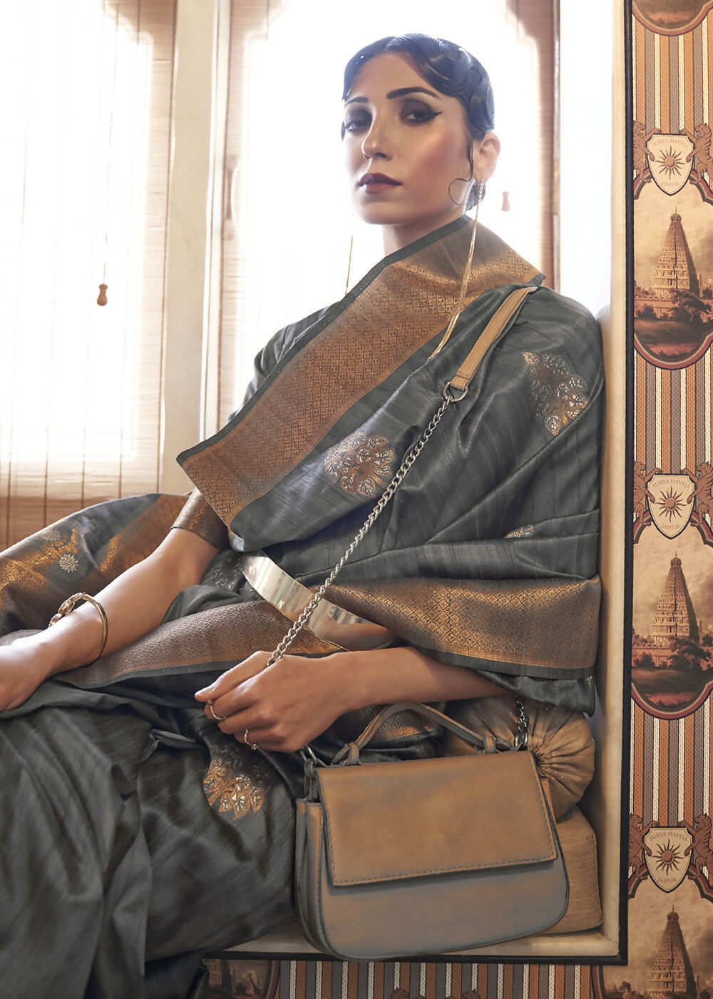 Platinum Grey Tussar Banarasi Silk Designer Saree - Emponline | Grocsy
