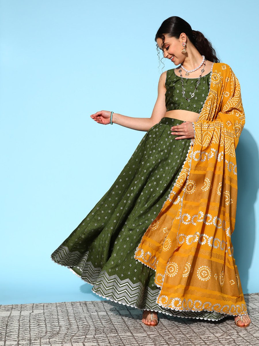 Ahalyaa Olive Green & Silver-Toned Printed Ready to Wear Lehenga & Blouse With Dupatta | Grocsy
