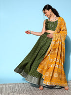 Ahalyaa Olive Green & Silver-Toned Printed Ready to Wear Lehenga & Blouse With Dupatta | Grocsy