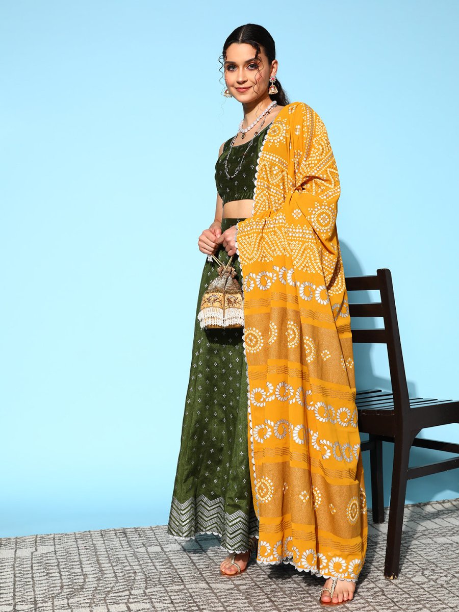 Ahalyaa Olive Green & Silver-Toned Printed Ready to Wear Lehenga & Blouse With Dupatta | Grocsy