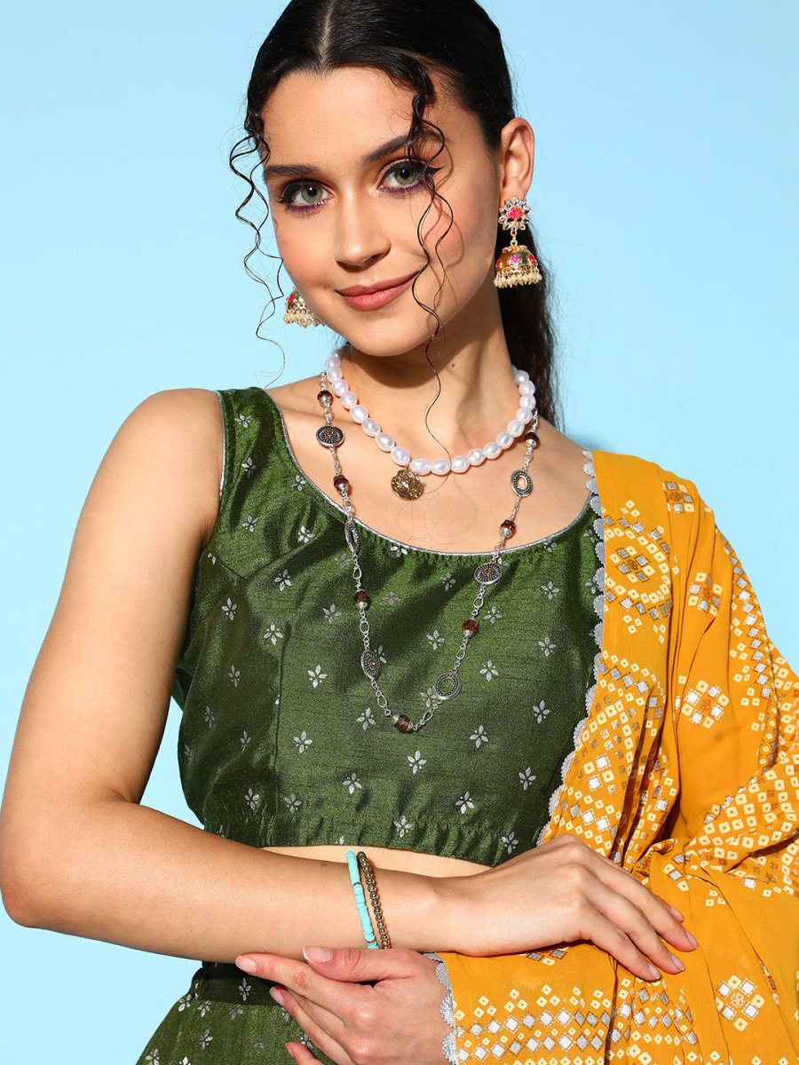 Ahalyaa Olive Green & Silver-Toned Printed Ready to Wear Lehenga & Blouse With Dupatta | Grocsy