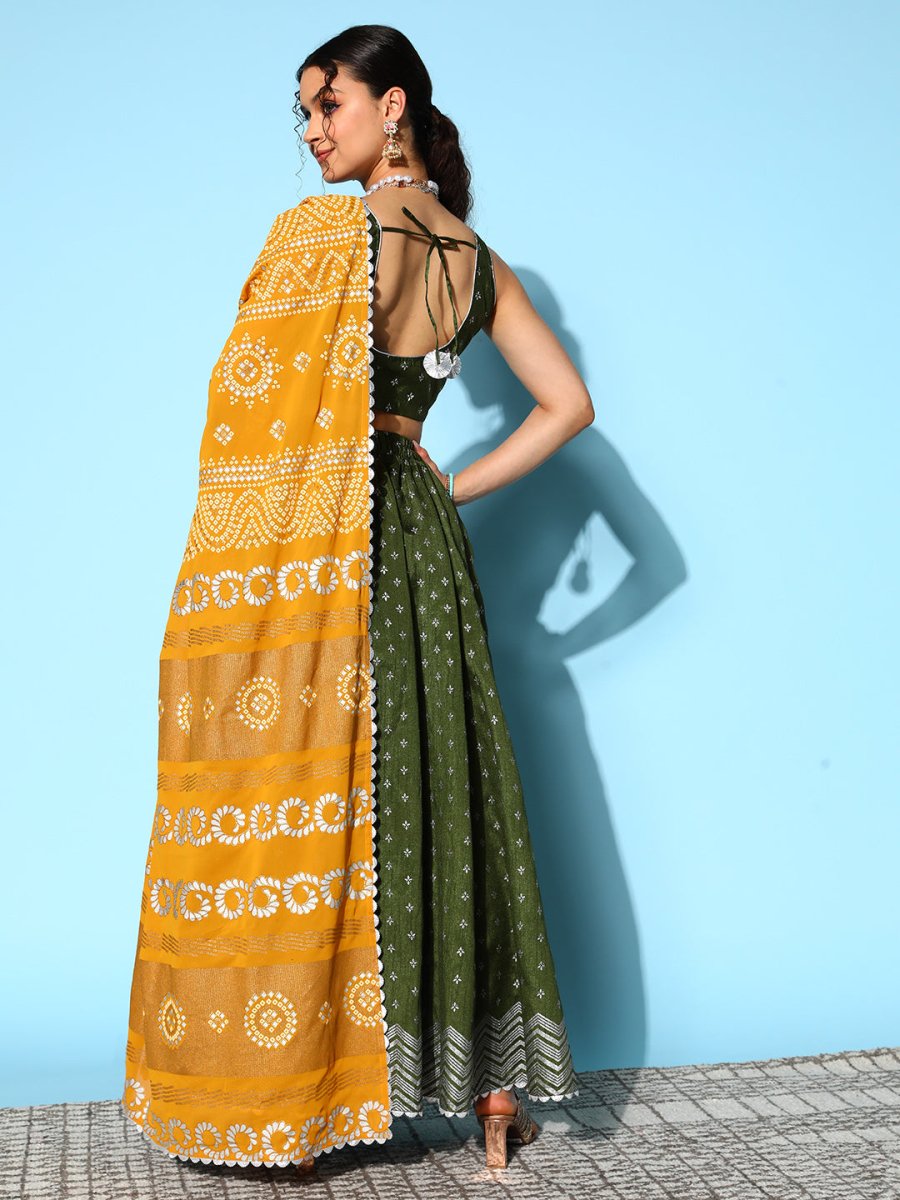 Ahalyaa Olive Green & Silver-Toned Printed Ready to Wear Lehenga & Blouse With Dupatta | Grocsy