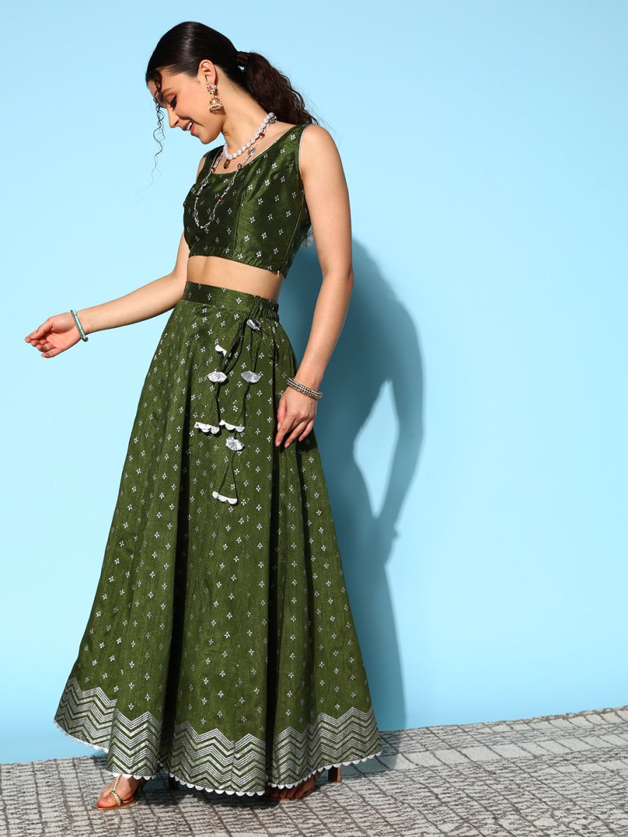 Ahalyaa Olive Green & Silver-Toned Printed Ready to Wear Lehenga & Blouse With Dupatta | Grocsy