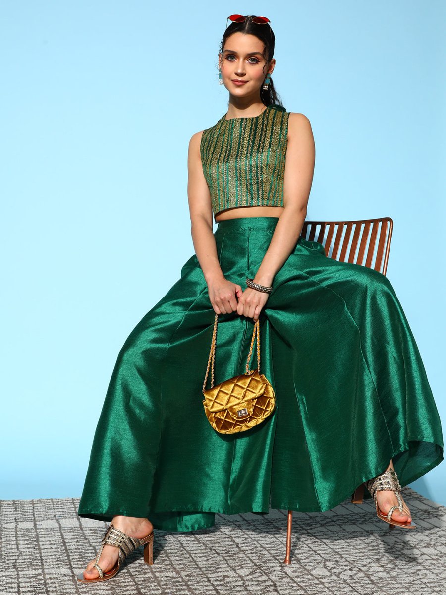 Ahalyaa Women Green & Gold-Toned Printed Co-ords | Grocsy