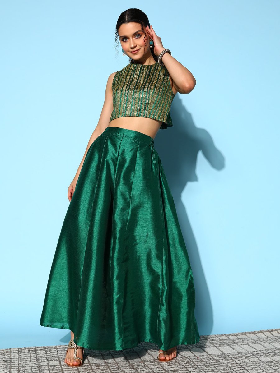 Ahalyaa Women Green & Gold-Toned Printed Co-ords | Grocsy
