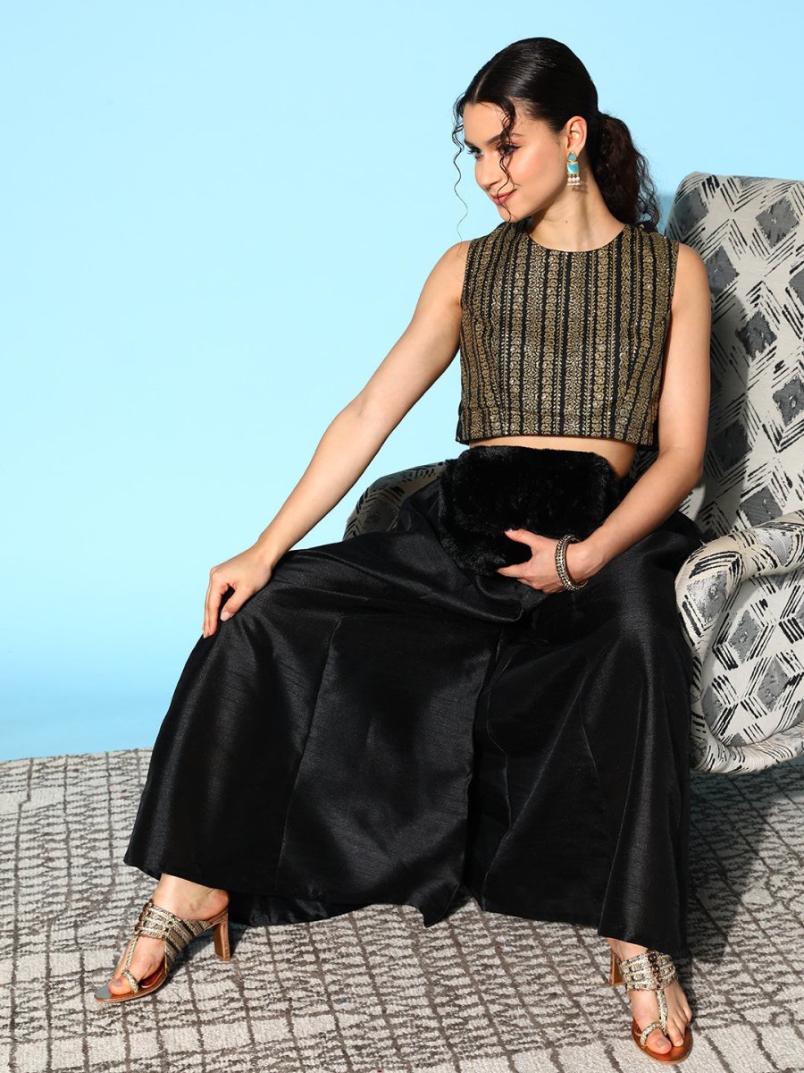 Ahalyaa Women Black & Gold-Toned Printed Co-ords | Grocsy