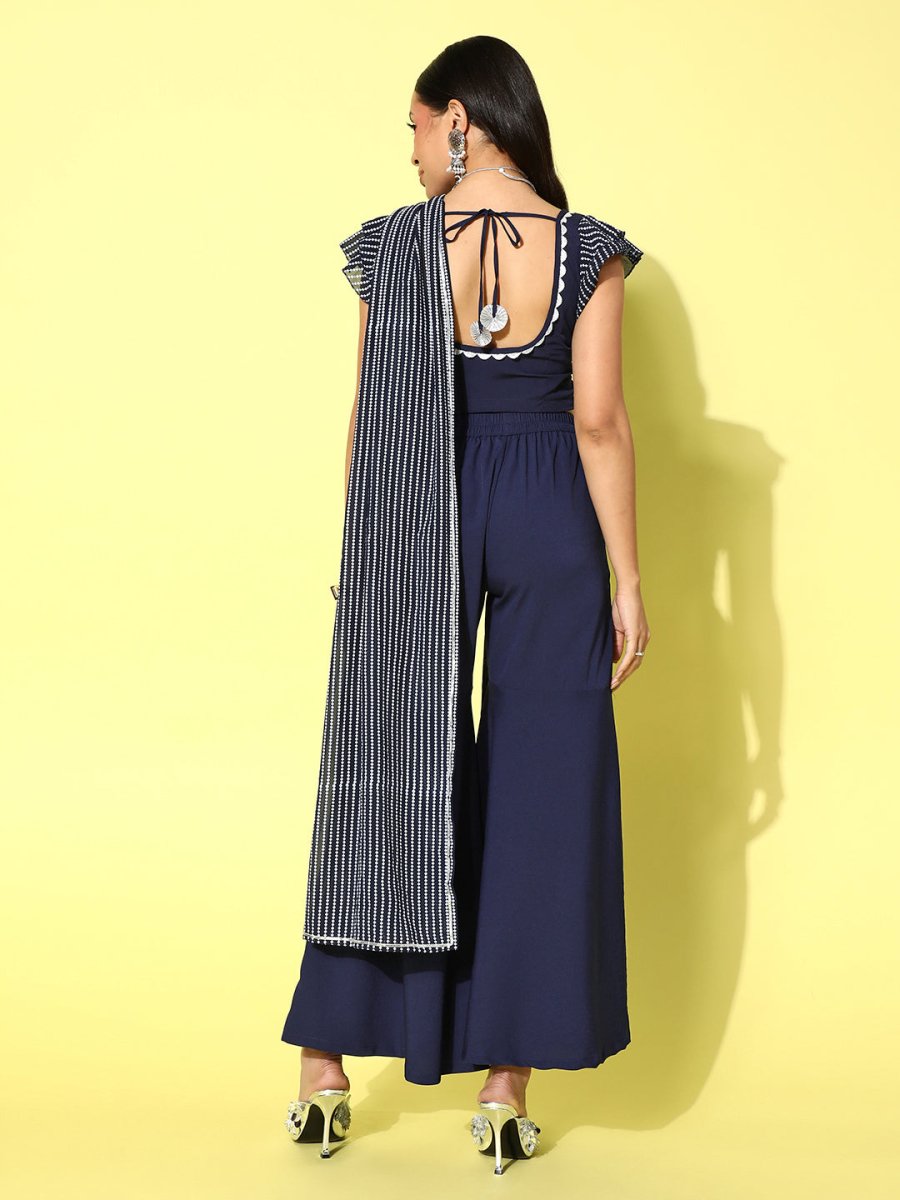 Ahalyaa Striped Top with Palazzos and Dupatta | Grocsy
