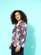Ahalyaa Blue & Pink Floral Print Open Front Blazer | Grocsy
