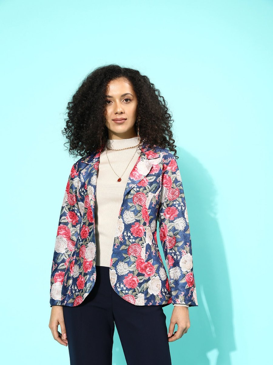 Ahalyaa Blue & Pink Floral Print Open Front Blazer | Grocsy