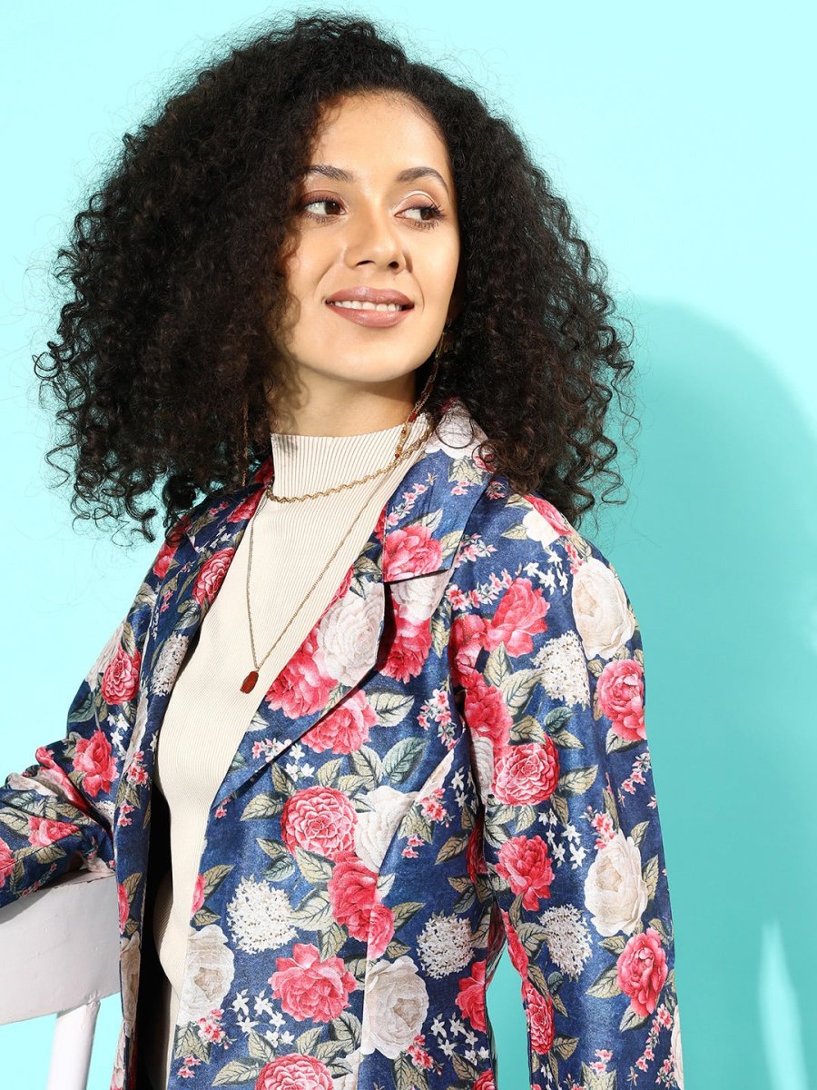 Ahalyaa Blue & Pink Floral Print Open Front Blazer | Grocsy