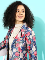 Ahalyaa Blue & Pink Floral Print Open Front Blazer | Grocsy