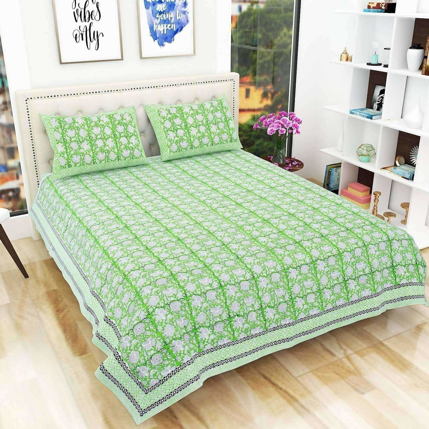 Hand Block Printed Jaipuri Double 90x108 Inches Bedsheet/Bedspread with 2 Pillow Covers | Grocsy