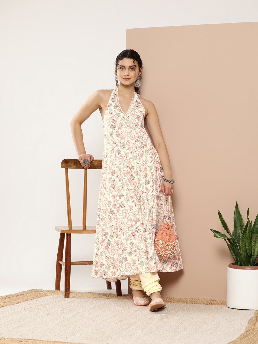 Ahalyaa Women Pink Floral Printed Empire Gotta Patti Kurta with Churidar | Grocsy
