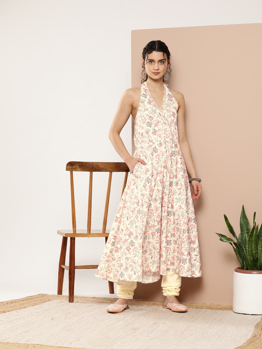 Ahalyaa Women Pink Floral Printed Empire Gotta Patti Kurta with Churidar | Grocsy