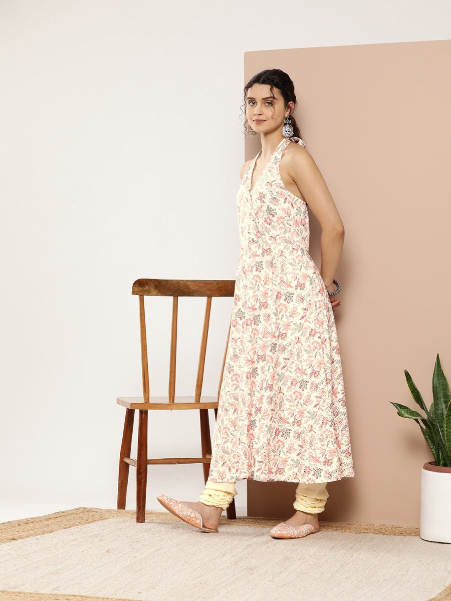 Ahalyaa Women Pink Floral Printed Empire Gotta Patti Kurta with Churidar | Grocsy
