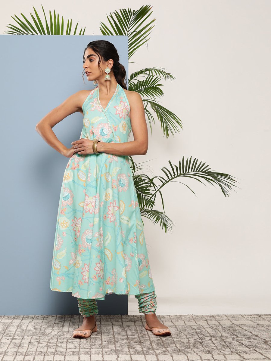 Ahalyaa Women Blue Floral Printed Gotta Patti Kurta with Churidar | Grocsy