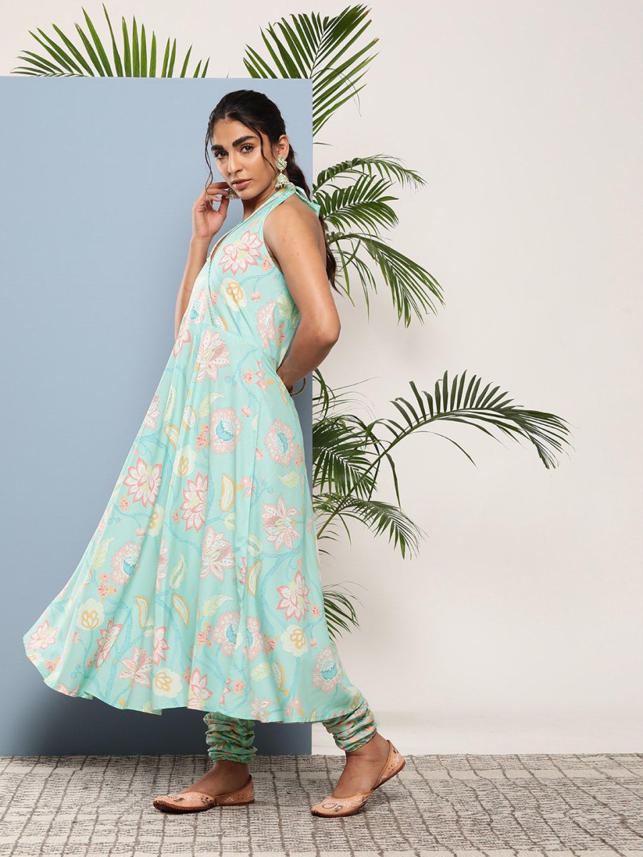 Ahalyaa Women Blue Floral Printed Gotta Patti Kurta with Churidar | Grocsy