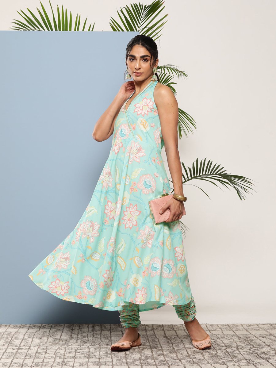 Ahalyaa Women Blue Floral Printed Gotta Patti Kurta with Churidar | Grocsy