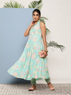 Ahalyaa Women Blue Floral Printed Gotta Patti Kurta with Churidar | Grocsy