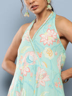 Ahalyaa Women Blue Floral Printed Gotta Patti Kurta with Churidar | Grocsy