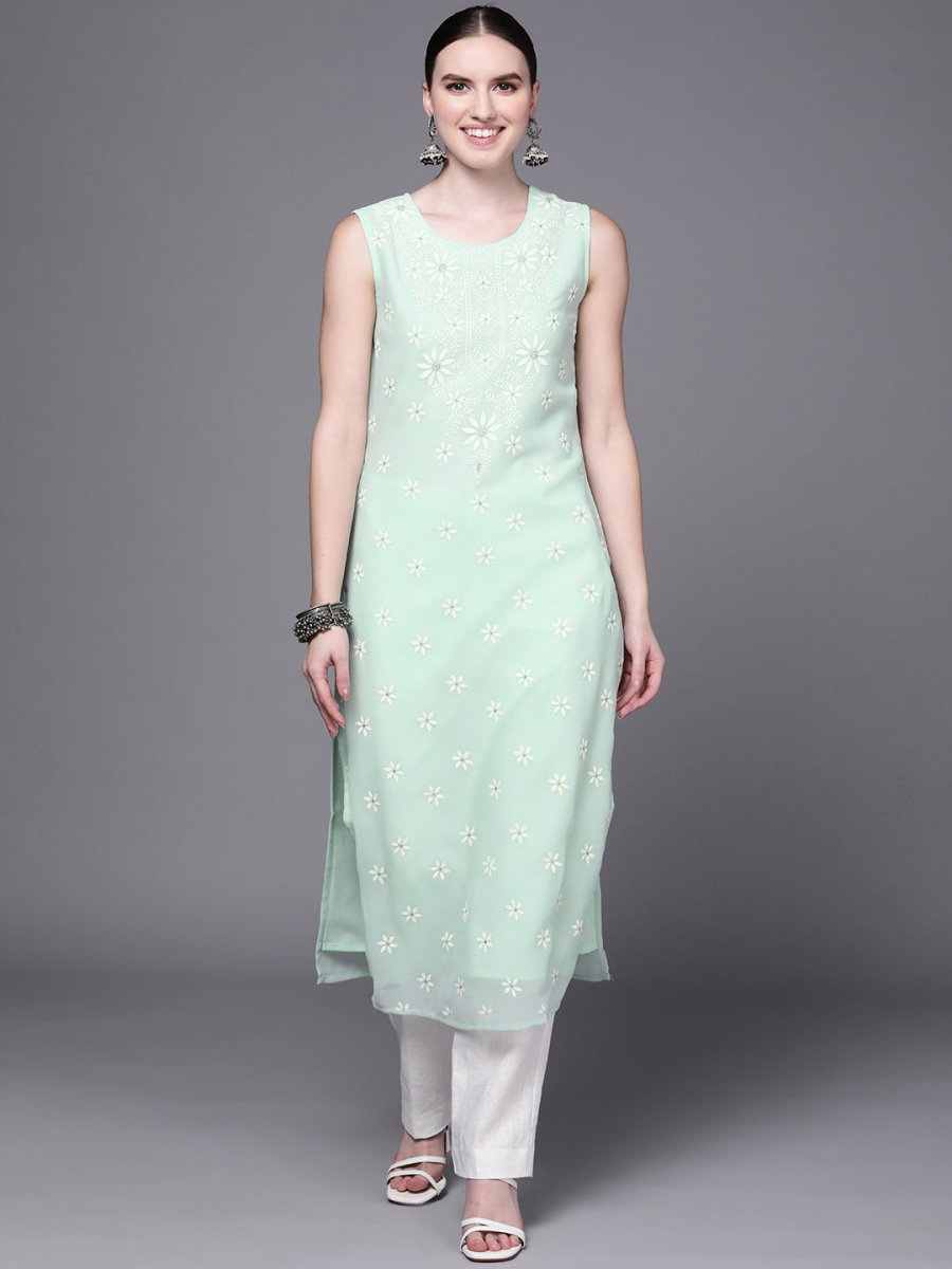 Ahalyaa Women Sea Green Floral Printed Georgette Kurta | Grocsy