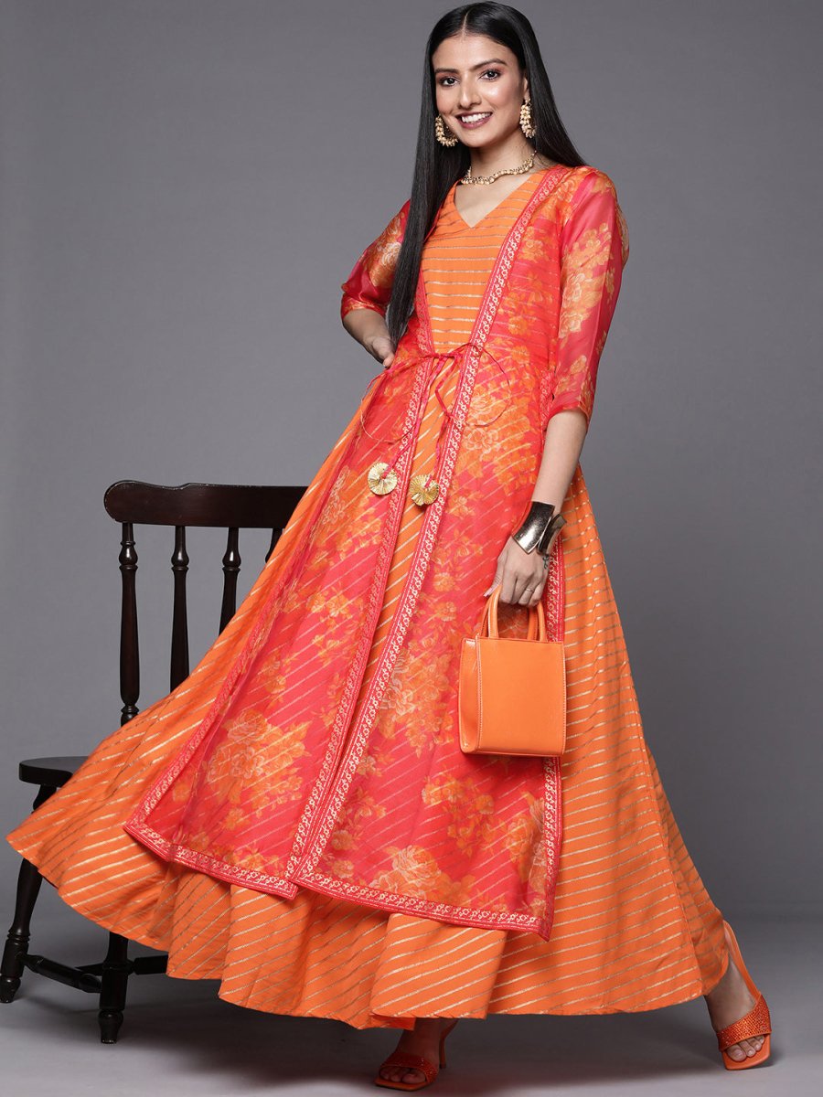 Ahalyaa Orange Striped Ethnic Maxi Dress | Grocsy