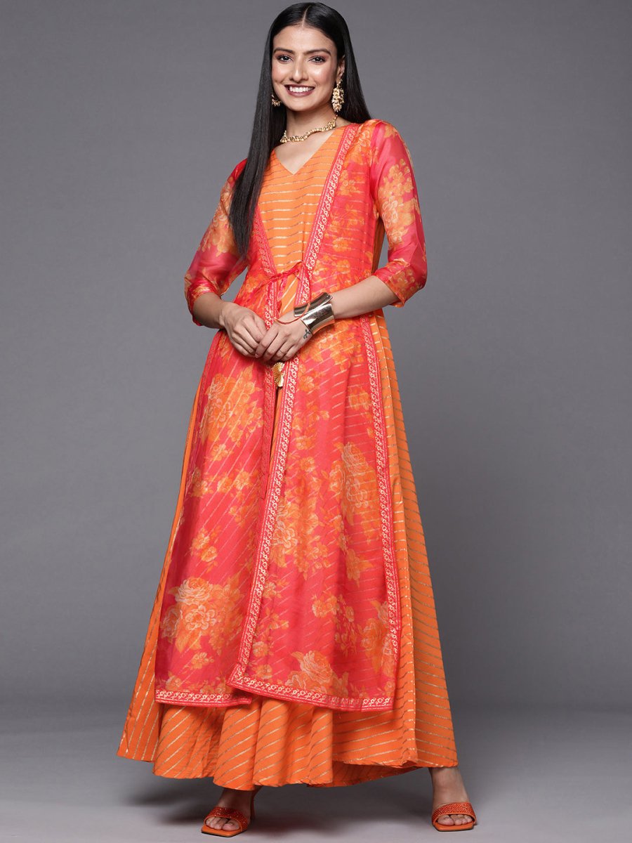 Ahalyaa Orange Striped Ethnic Maxi Dress | Grocsy