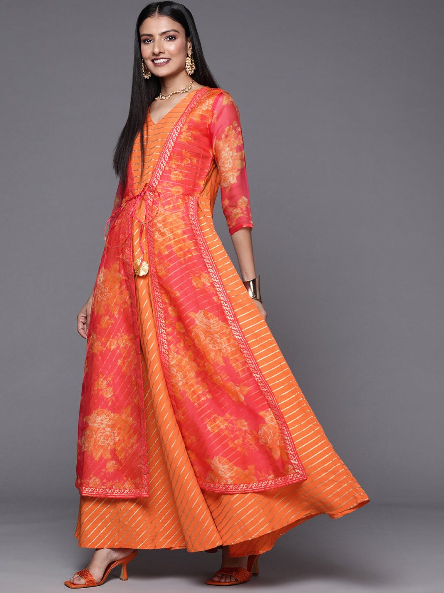 Ahalyaa Orange Striped Ethnic Maxi Dress | Grocsy