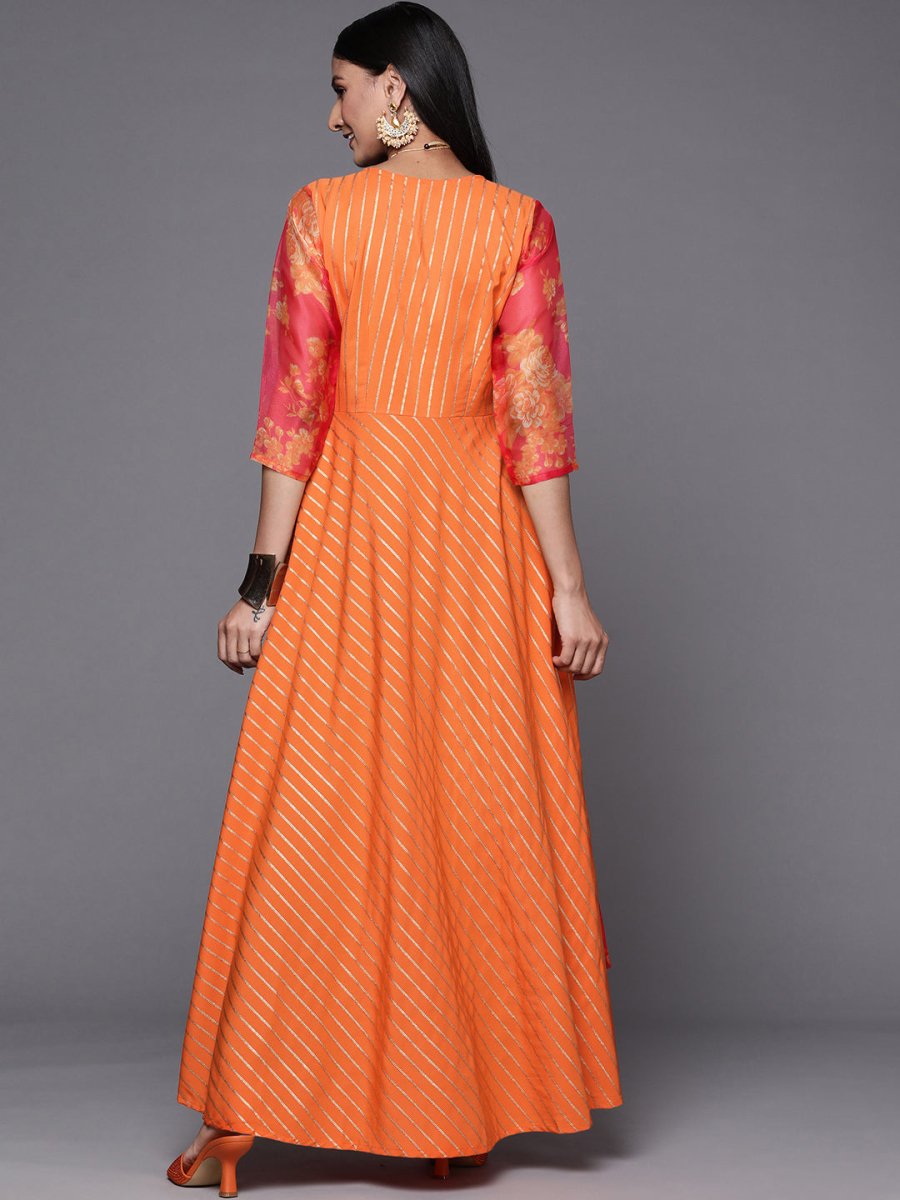 Ahalyaa Orange Striped Ethnic Maxi Dress | Grocsy