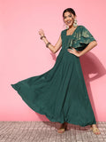 Ahalyaa Gorgeous Green Ethnic Motifs Ruffled Dress | Grocsy