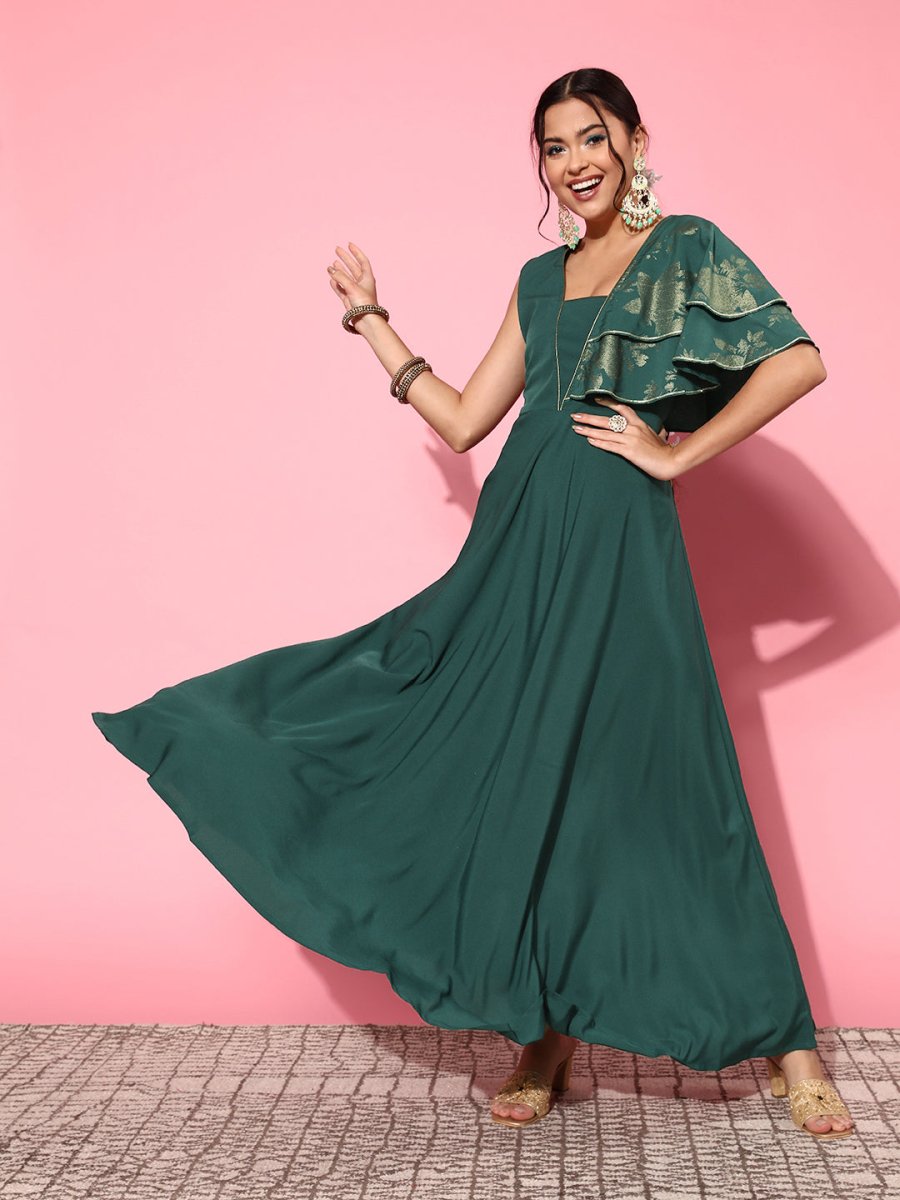Ahalyaa Gorgeous Green Ethnic Motifs Ruffled Dress | Grocsy