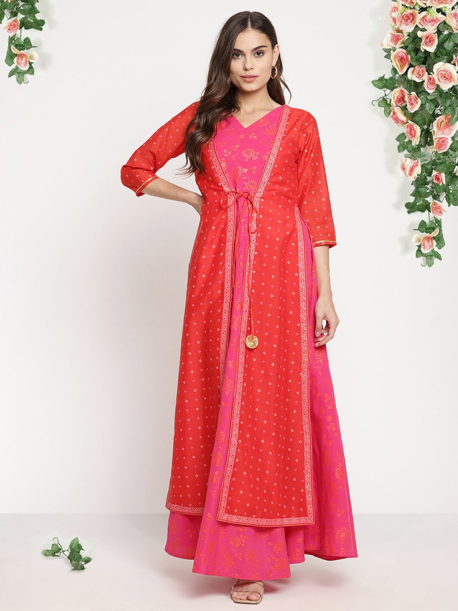 Ahalyaa Women Dark Pink Crepe Khari Print Dress | Grocsy