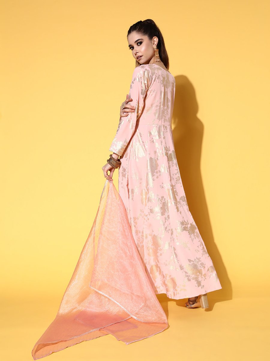 Ahalyaa Pink Empire Gotta Patti Ethnic Dress With Dupatta | Grocsy