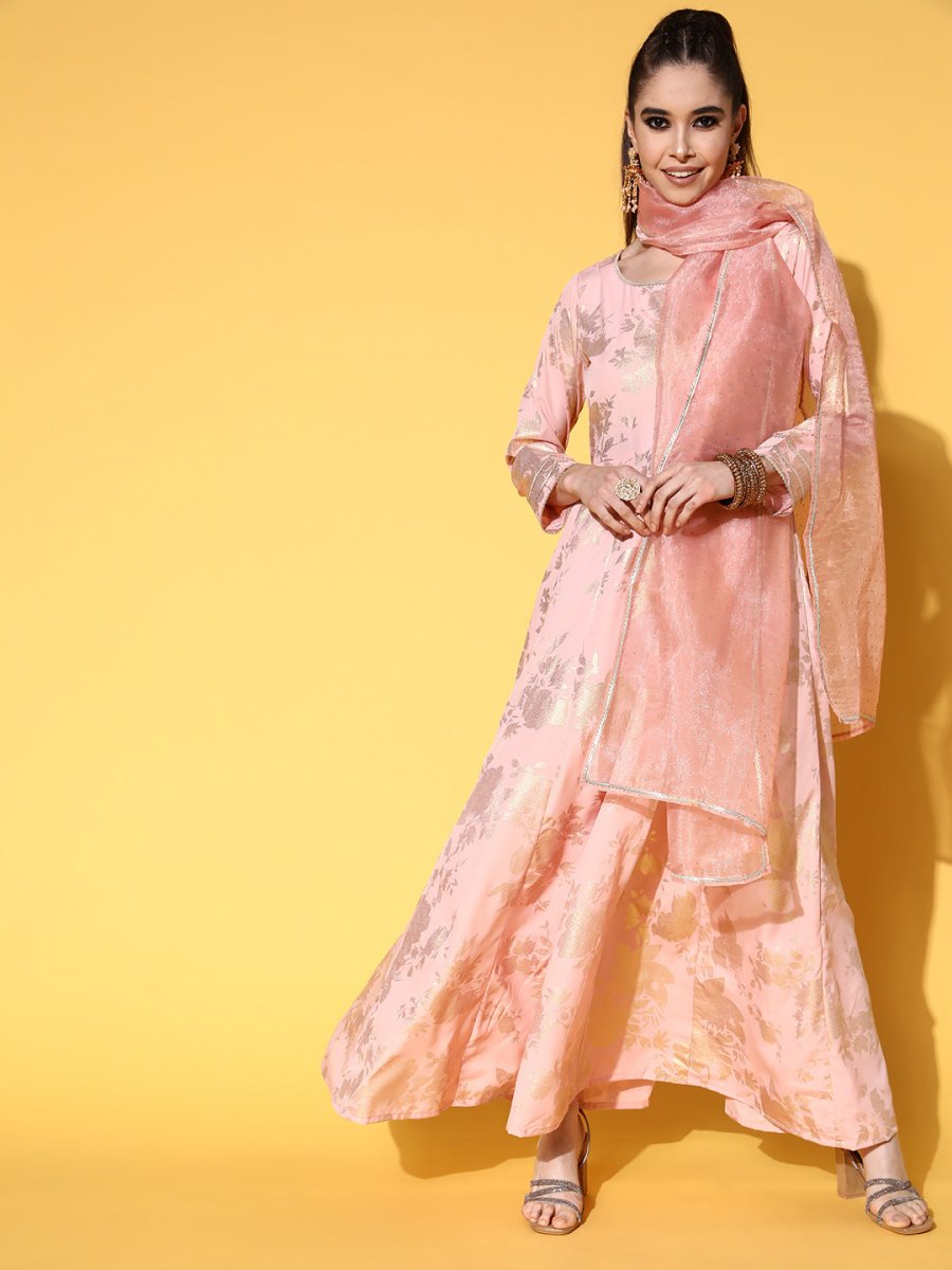 Ahalyaa Pink Empire Gotta Patti Ethnic Dress With Dupatta | Grocsy