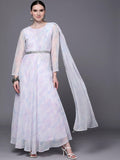Ahalyaa Women Blue & White Floral Fit & Flare Maxi Ethnic Dress | Grocsy