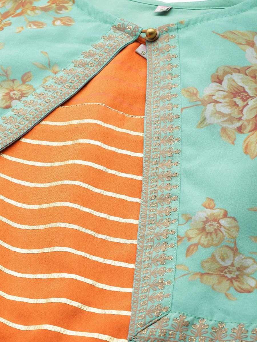 Ahalyaa Orange & Sea Green Striped Maxi Dress with Ethnic Jacket | Grocsy