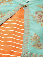 Ahalyaa Orange & Sea Green Striped Maxi Dress with Ethnic Jacket | Grocsy