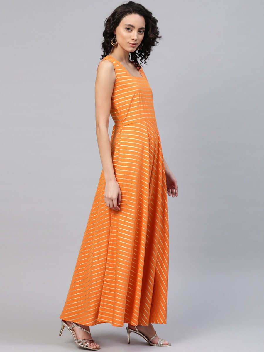 Ahalyaa Orange & Sea Green Striped Maxi Dress with Ethnic Jacket | Grocsy
