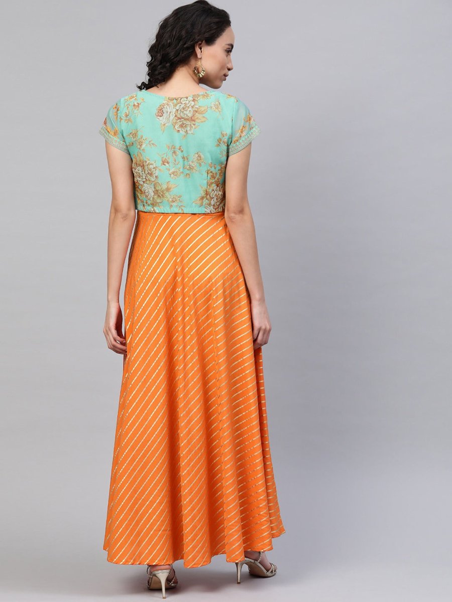 Ahalyaa Orange & Sea Green Striped Maxi Dress with Ethnic Jacket | Grocsy