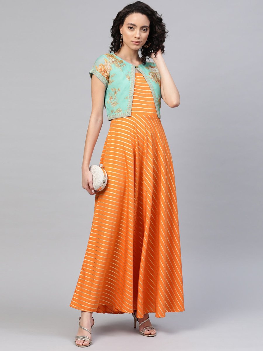 Ahalyaa Orange & Sea Green Striped Maxi Dress with Ethnic Jacket | Grocsy